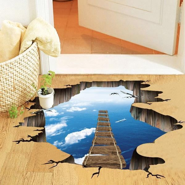 3D Optical Illusion Bridge Over Hole Floor Sticker