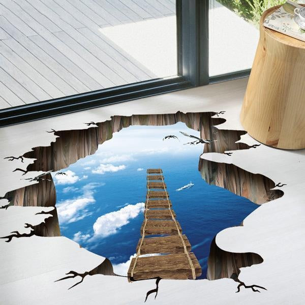 3D Optical Illusion Bridge Over Hole Floor Sticker