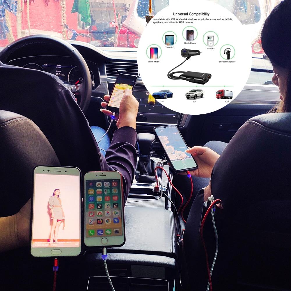 4-Port USB Car Charger with Extension Cable