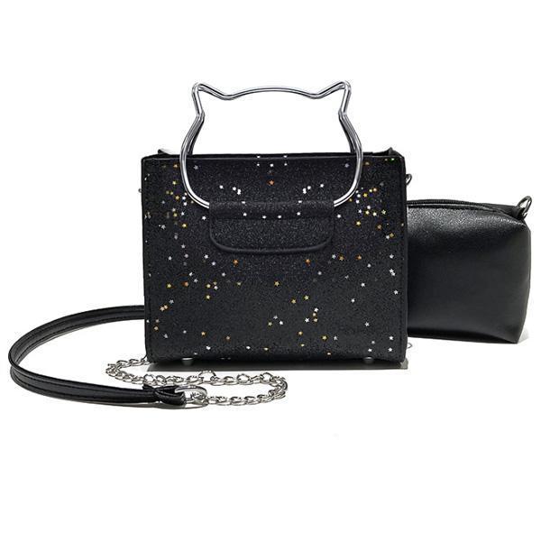 Cat Handle Glittery Shoulder Bag With Clutch