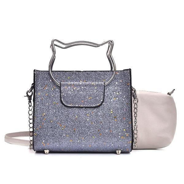 Cat Handle Glittery Shoulder Bag With Clutch