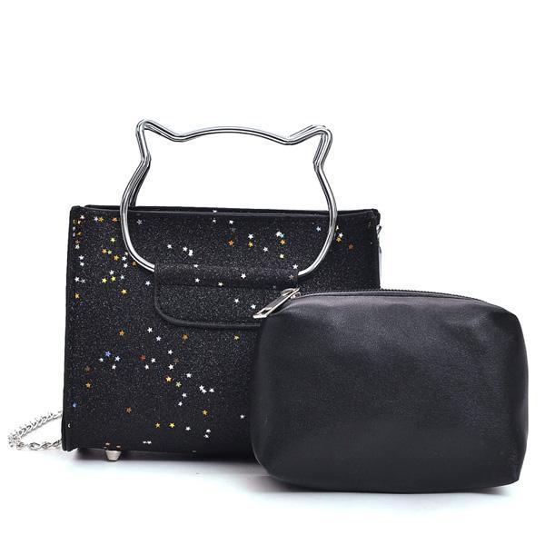 Cat Handle Glittery Shoulder Bag With Clutch