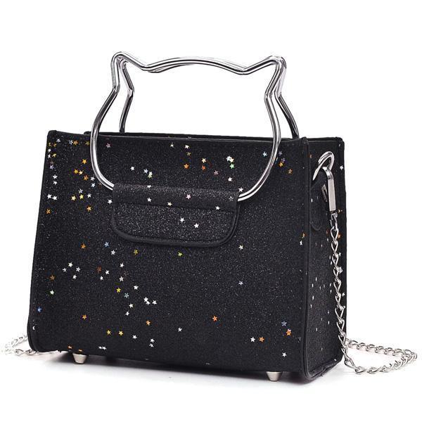 Cat Handle Glittery Shoulder Bag With Clutch