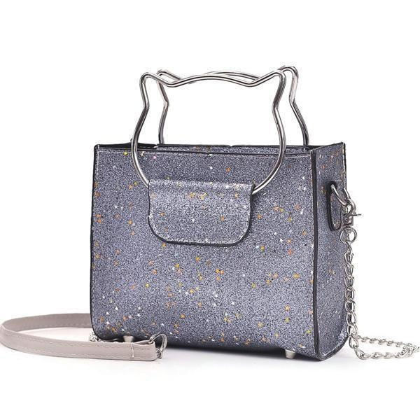 Cat Handle Glittery Shoulder Bag With Clutch