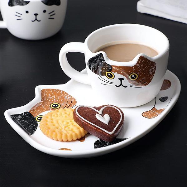 Cat Mug With Serving Tray And Spoon Set (Various Color)