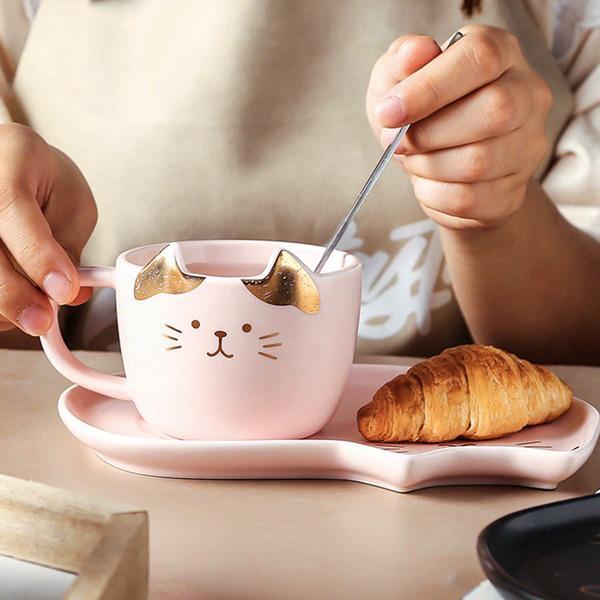 Cat Mug With Serving Tray And Spoon Set (Various Color)