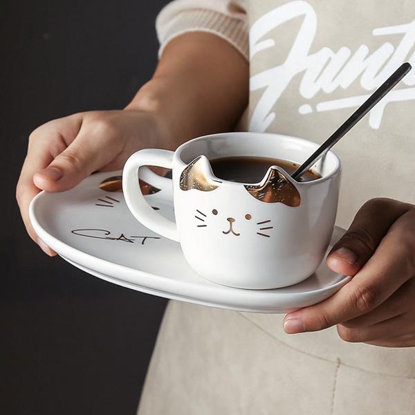 Cat Mug With Serving Tray And Spoon Set (Various Color)