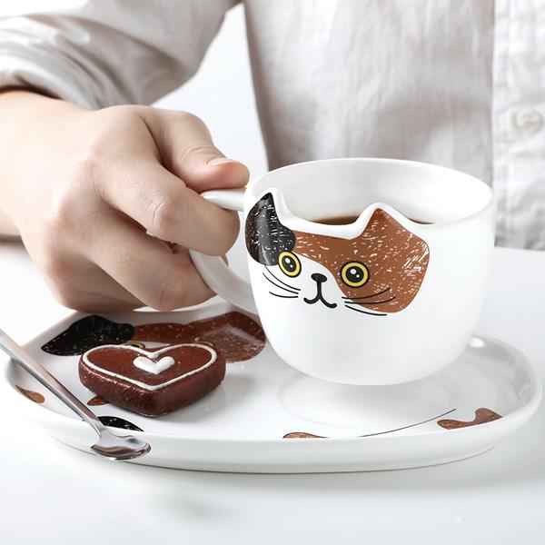 Cat Mug With Serving Tray And Spoon Set (Various Color)