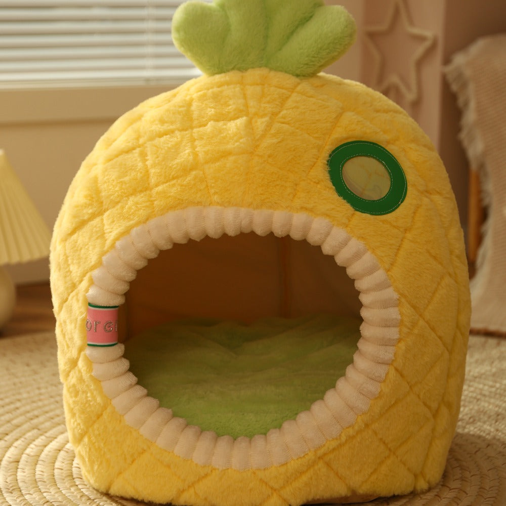 Cozy Fleece-Quilted Pineapple Pet Bed