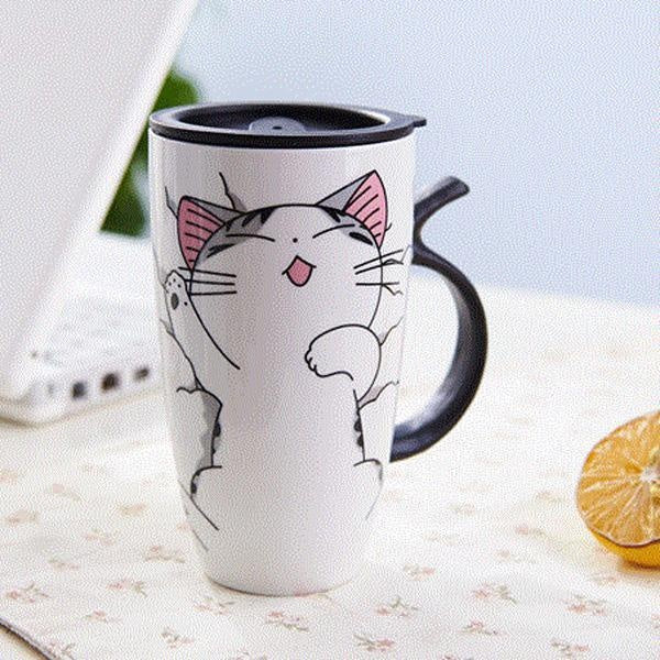 Cute Cat Ceramic Mug with Cover Lid