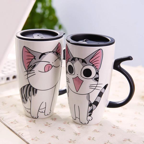 Cute Cat Ceramic Mug with Cover Lid