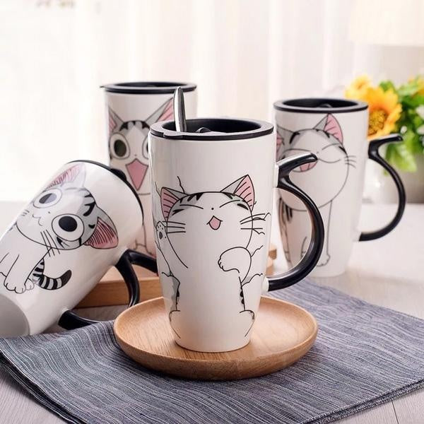 Cute Cat Ceramic Mug with Cover Lid