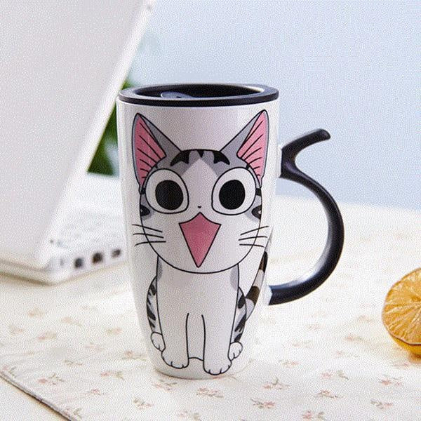 Cute Cat Ceramic Mug with Cover Lid