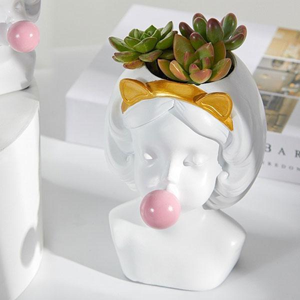 Cute Girl Blowing Bubbles Rabbit Cat Ears Vase Planter