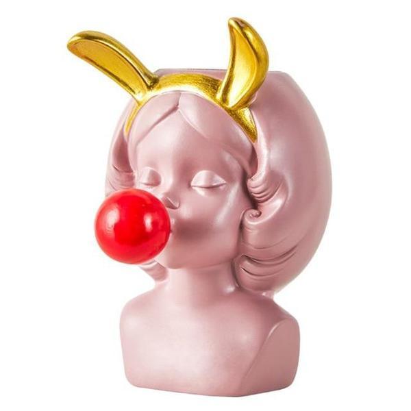 Cute Girl Blowing Bubbles Rabbit Cat Ears Vase Planter