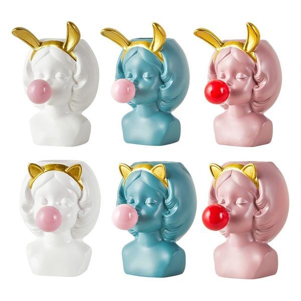 Cute Girl Blowing Bubbles Rabbit Cat Ears Vase Planter