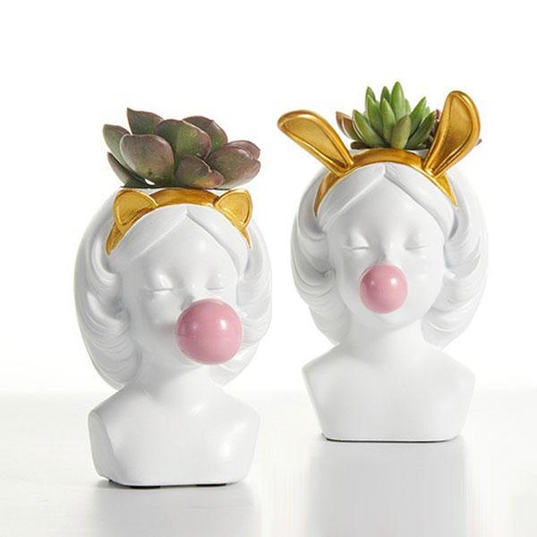 Cute Girl Blowing Bubbles Rabbit Cat Ears Vase Planter