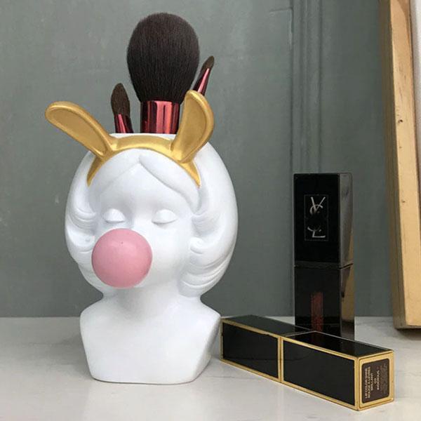 Cute Girl Blowing Bubbles Rabbit Cat Ears Vase Planter