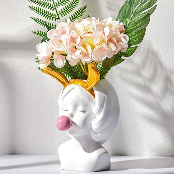 Cute Girl Blowing Bubbles Rabbit Cat Ears Vase Planter