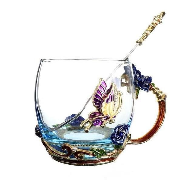 Handmade Enamel Butterfly Rose Cup