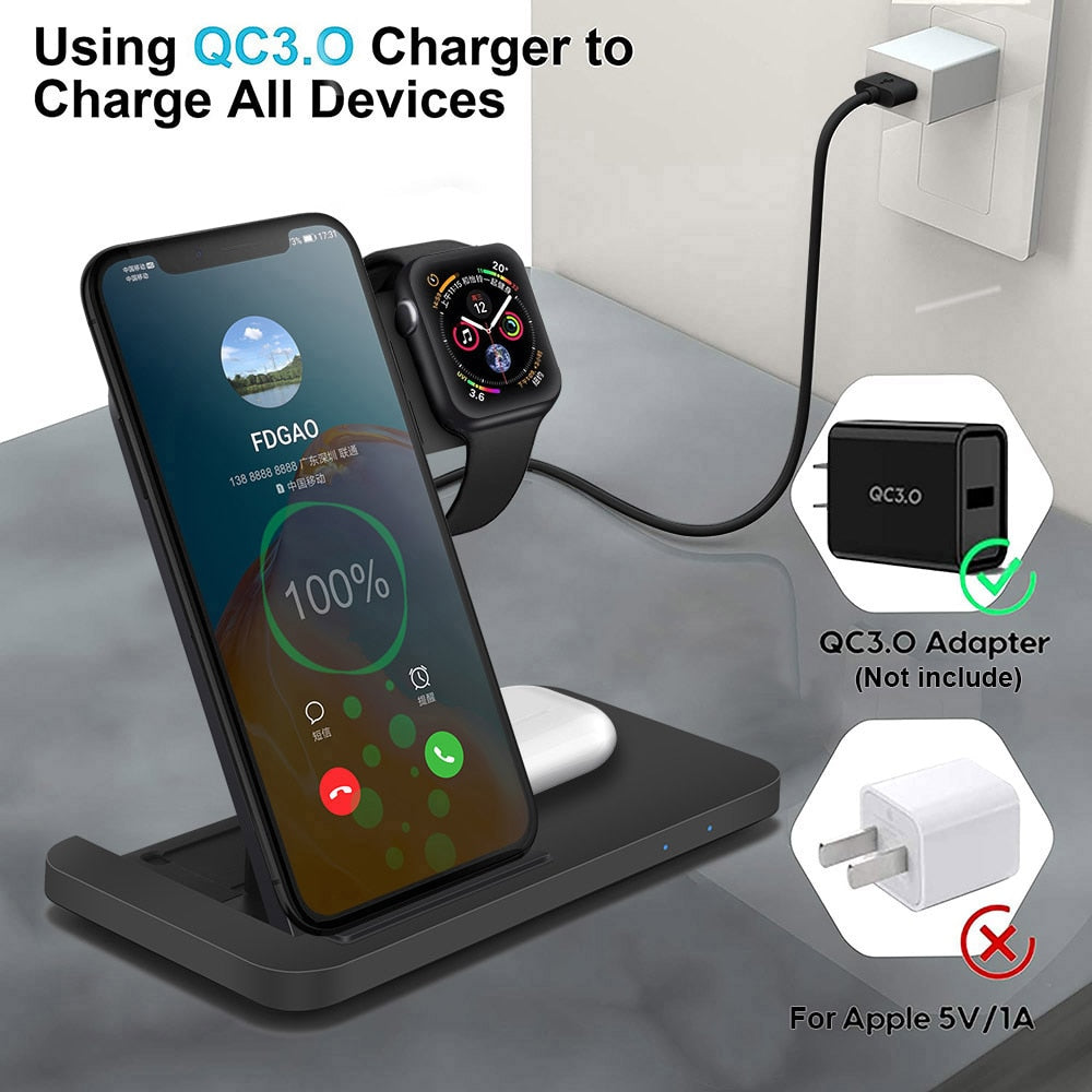 3 in 1 Wireless Charger For AirPods Pro Apple Watch 7 SE 15W Fast Charging Stand