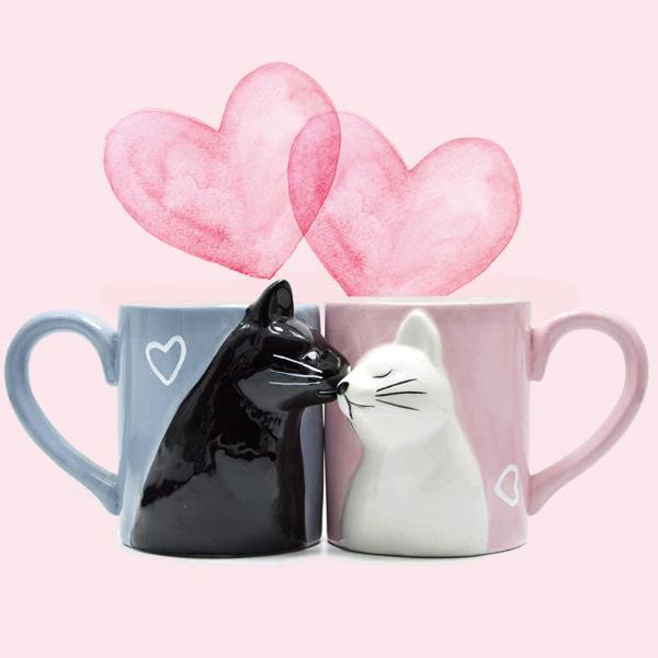 Kissing Cats Ceramic Couple Mugs (Set of 2)