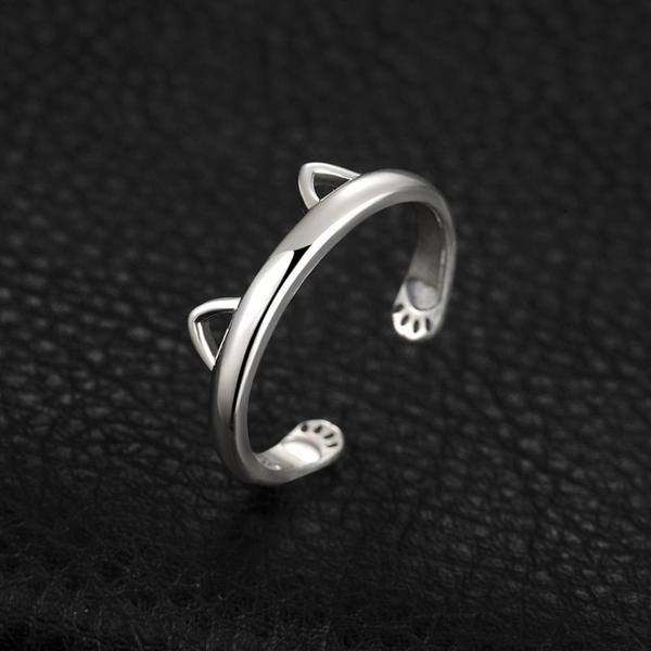 Kitty Ear Paw Hug 925 Silver Ring