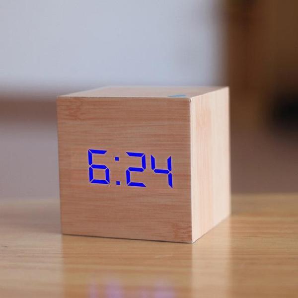 LED Wooden Cube Alarm Clock