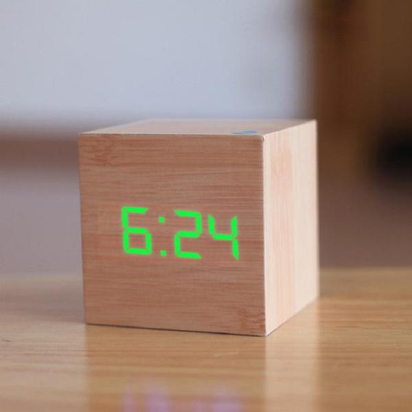 LED Wooden Cube Alarm Clock