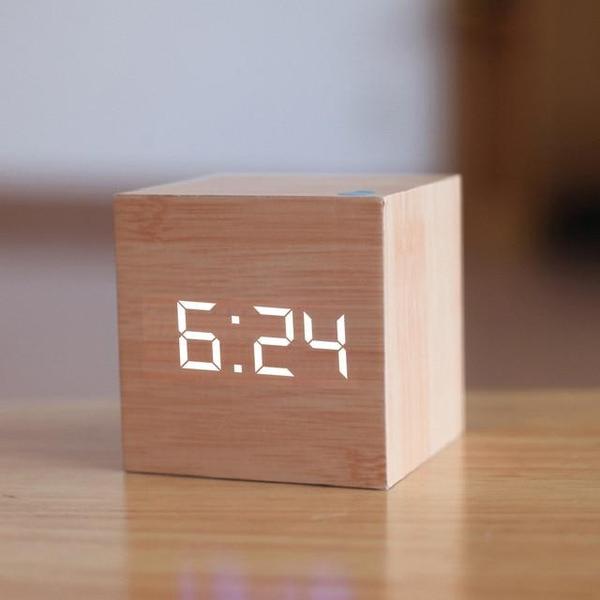 LED Wooden Cube Alarm Clock