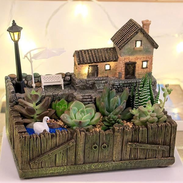 Lighted Terrace House Succulent Planter