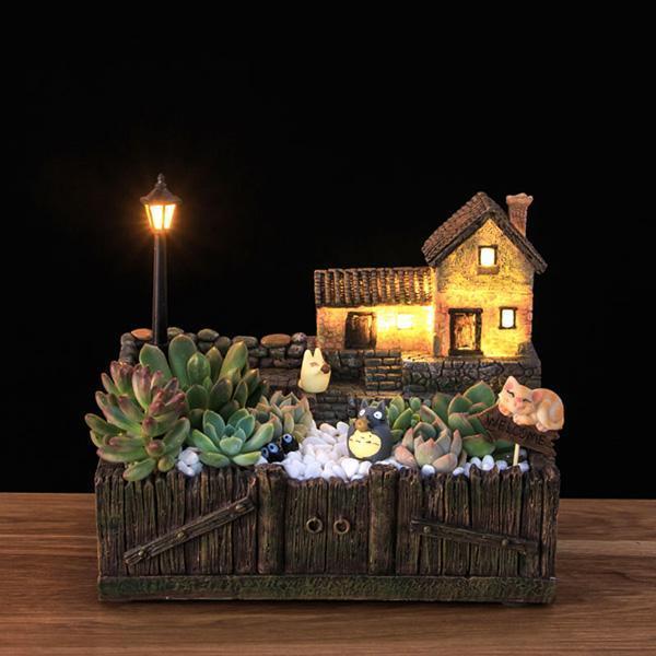 Lighted Terrace House Succulent Planter