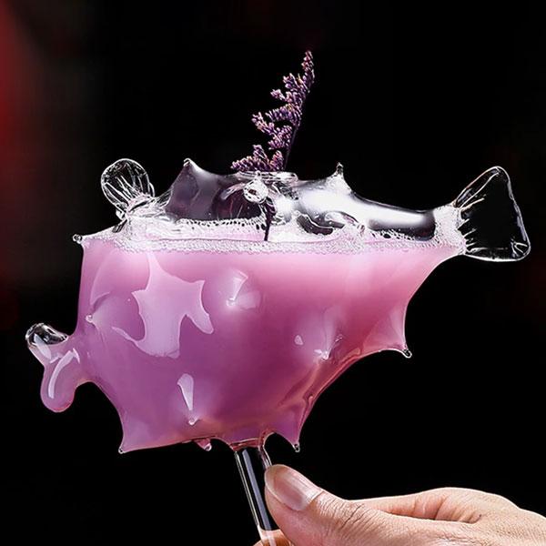 Pufferfish Shaped Cocktail Glass With Glass Straw