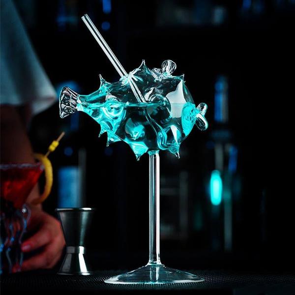 Pufferfish Shaped Cocktail Glass With Glass Straw