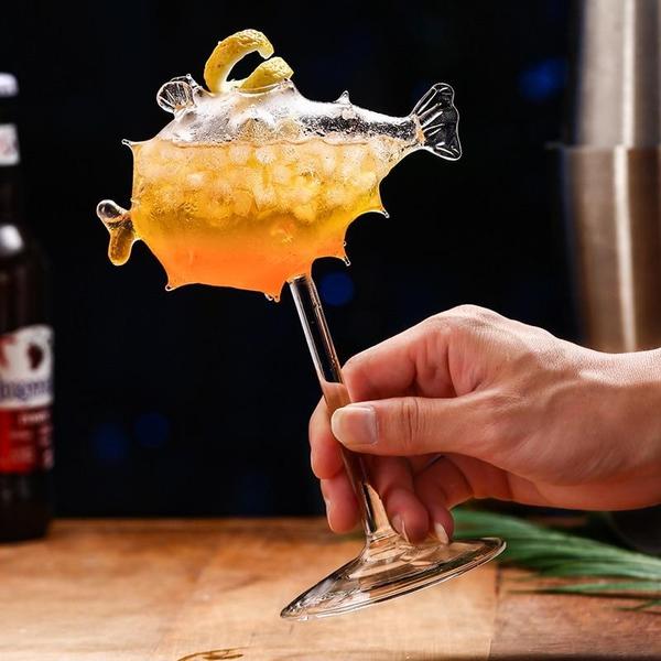 Pufferfish Shaped Cocktail Glass With Glass Straw