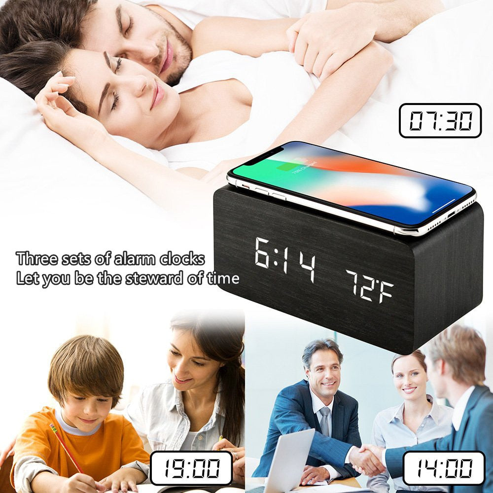 Wooden Clock with Wireless Charger