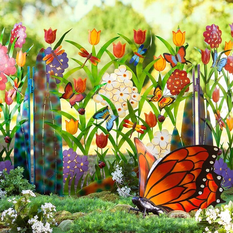 Colorful Metal Butterfly and Flower Garden Screen