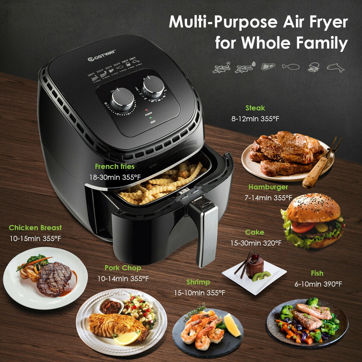 3.5 QT Electric 1300W Hot Air Fryer with Timer& Temperature Control