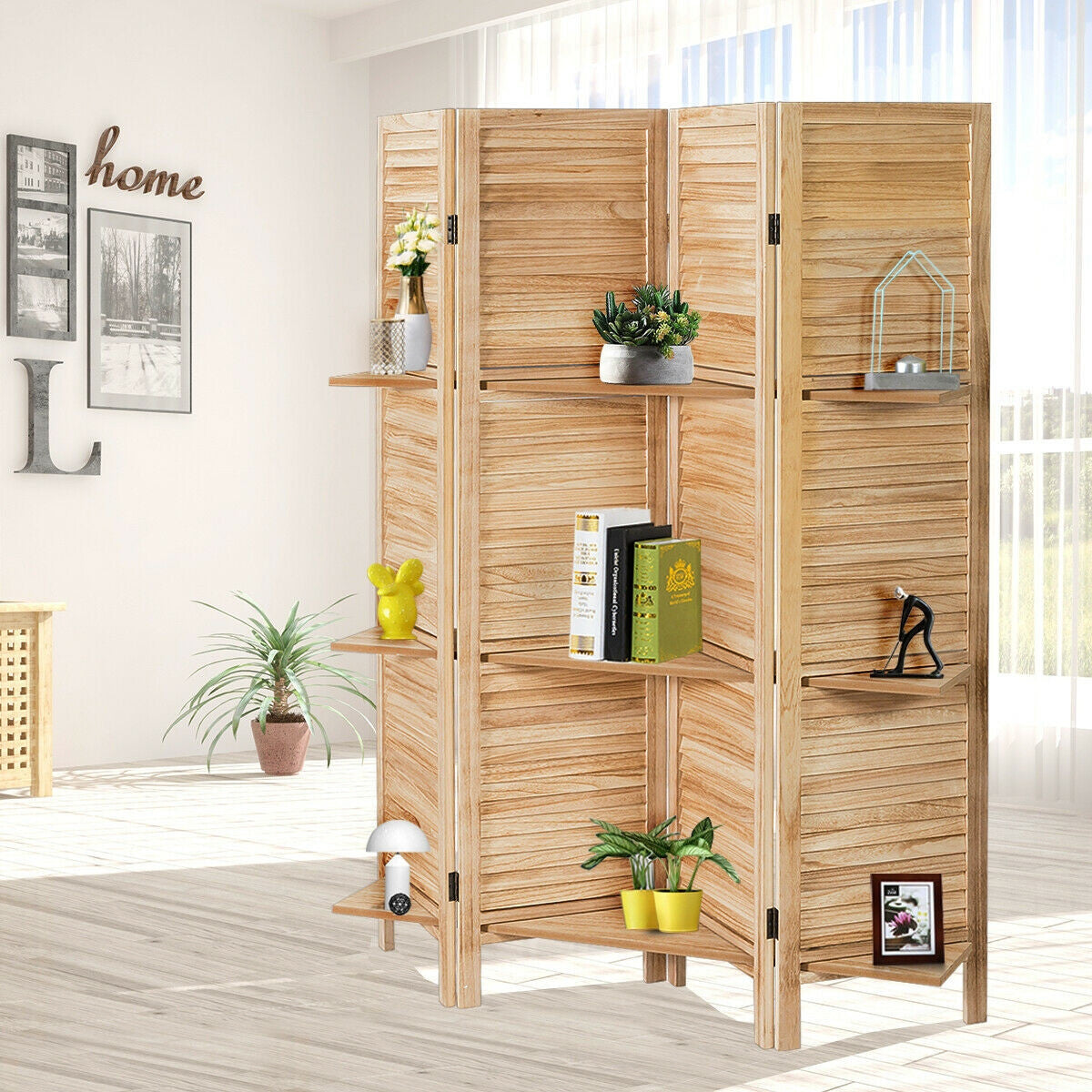 4 Panel Freestanding Folding Hinged Room Divider with 3 Display Shelves