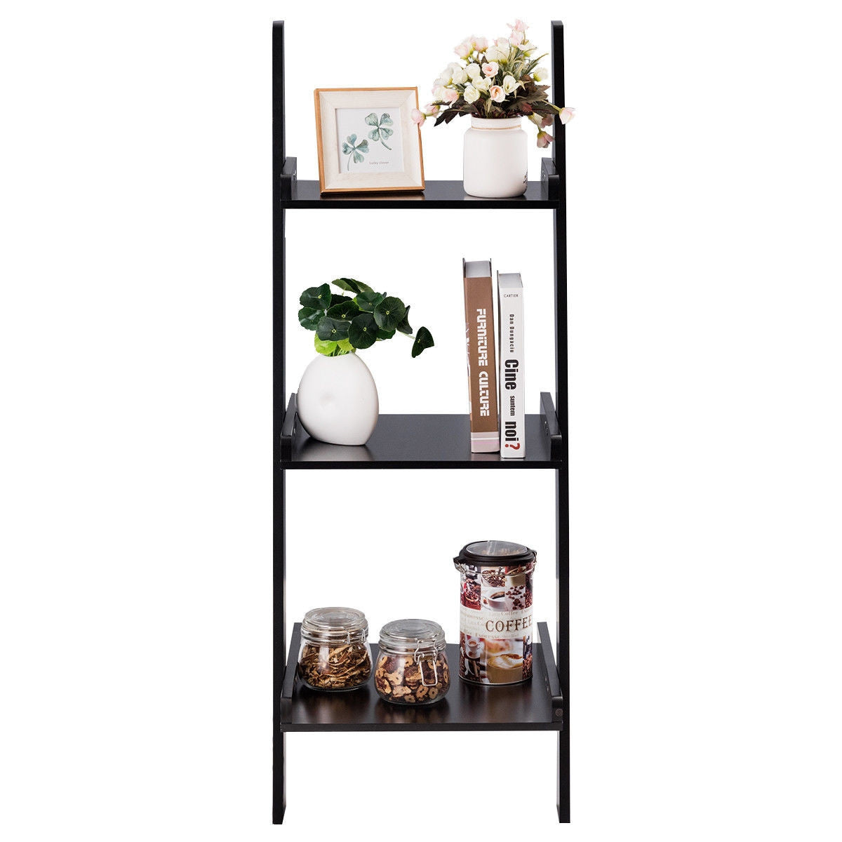 3 Tier Leaning Rack Wall Book Shelf Ladder