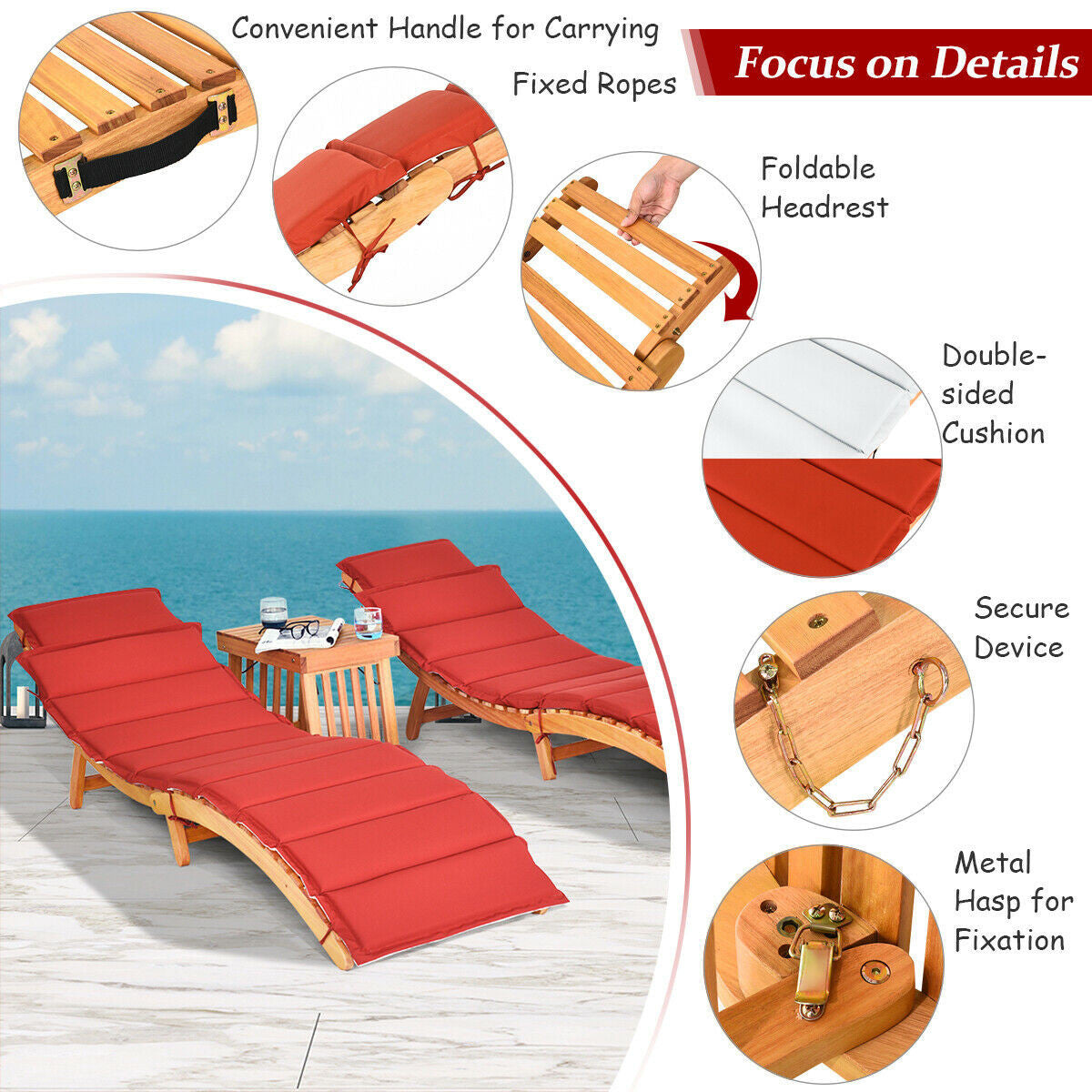 3PCS Wooden Folding Patio Lounge Chair Table Set