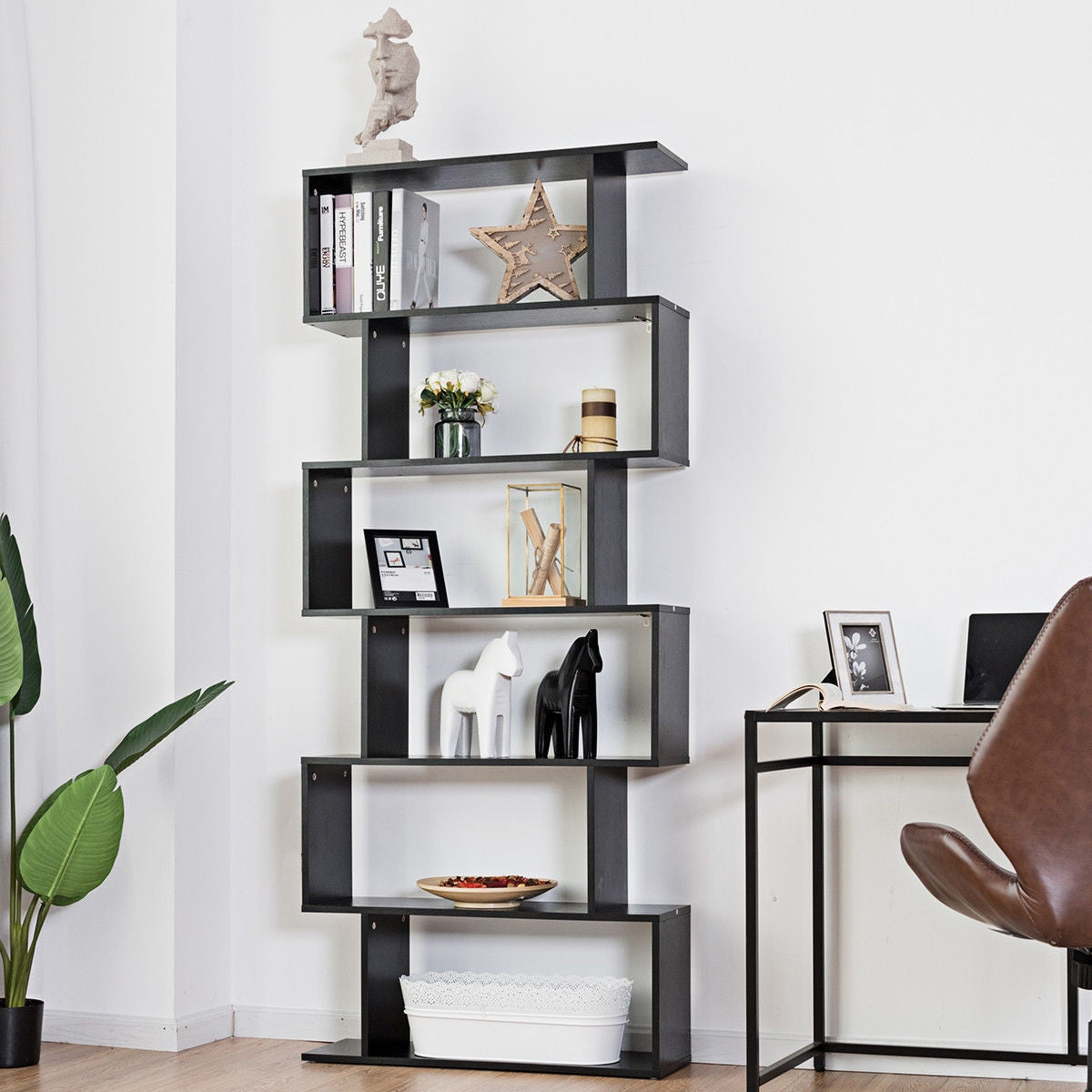 6-Tier S-Shaped Bookcase Z-Shelf Style Storage Bookshelf