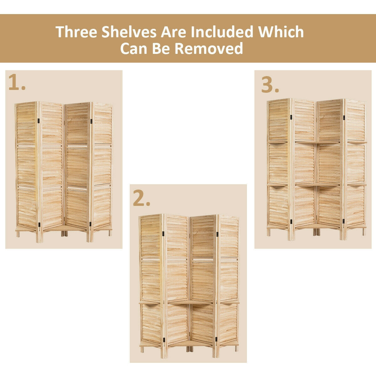 4 Panel Freestanding Folding Hinged Room Divider with 3 Display Shelves