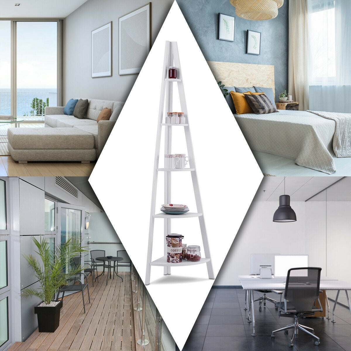 5 Tier Floor Corner Stand Ladder Shelves Bookshelf