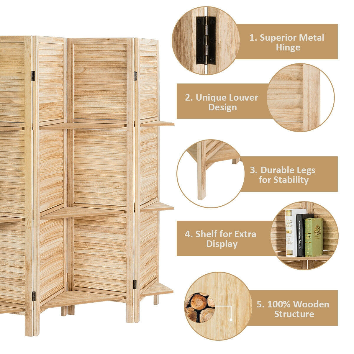 4 Panel Freestanding Folding Hinged Room Divider with 3 Display Shelves