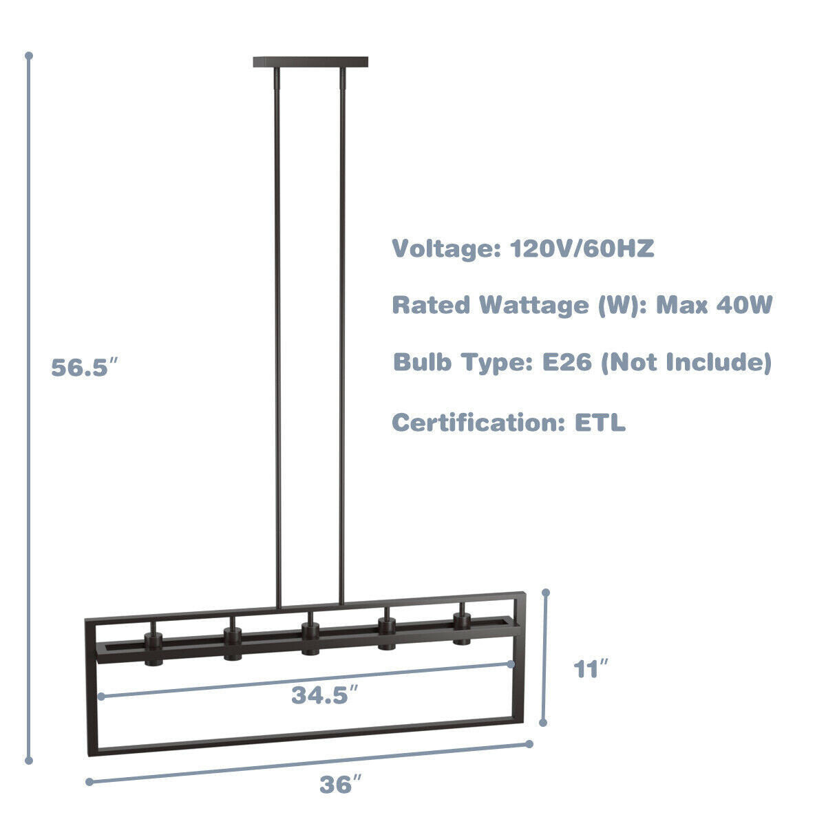5-Lights Pendant Lamp with Iron Square Lamp Shade
