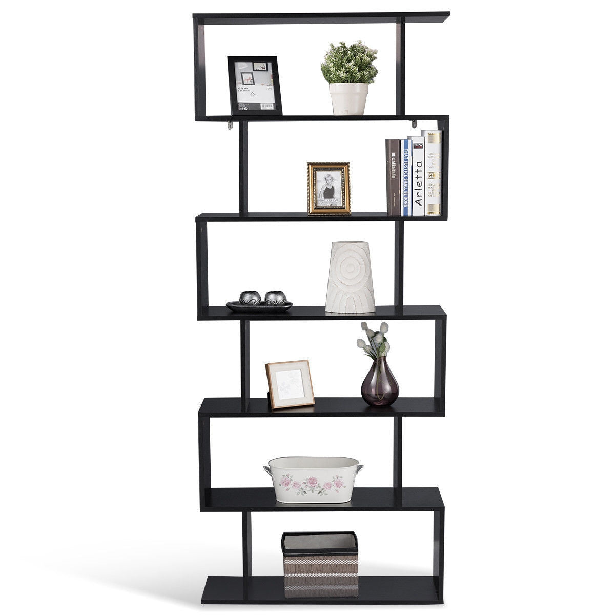 6-Tier S-Shaped Bookcase Z-Shelf Style Storage Bookshelf