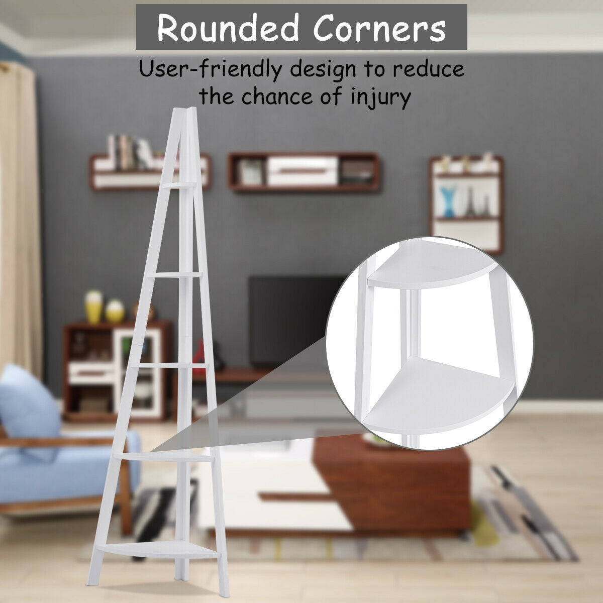 5 Tier Floor Corner Stand Ladder Shelves Bookshelf