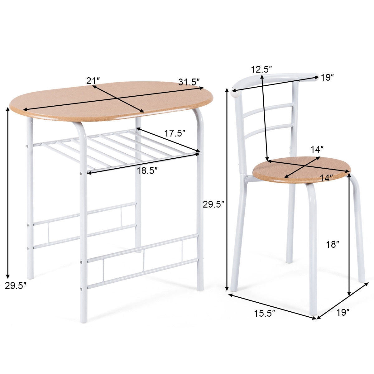 3 Pcs Home Kitchen Bistro Pub Dining Table 2 Chairs Set