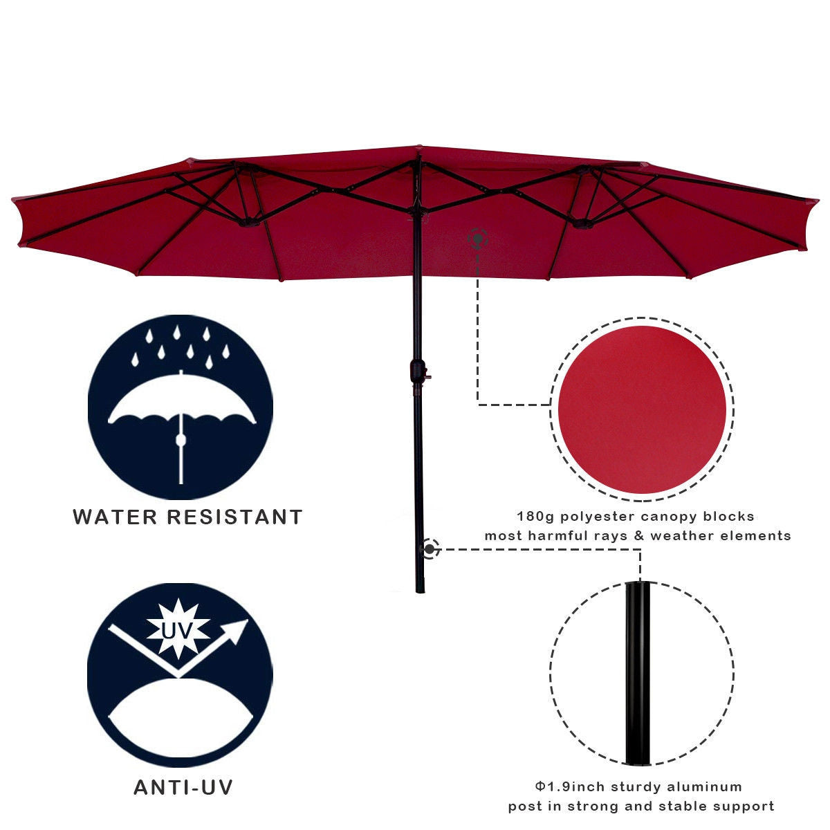 15' Twin Patio Umbrella Double-Sided Outdoor Market Umbrella